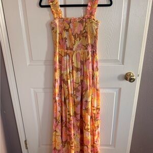 Billabong Smocked Floral Dress in Pink and Orange